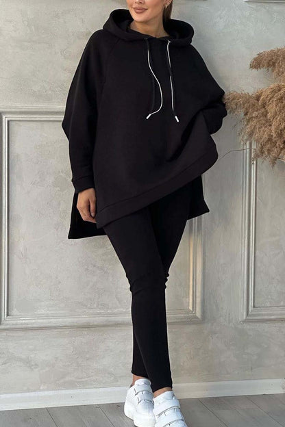 Women's casual solid color slit hem hooded sweatshirt sports suit Black