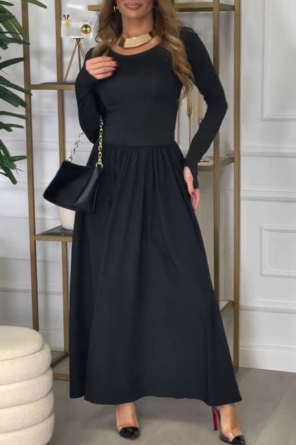 Women's Round Neck Solid Color Waist Dress black