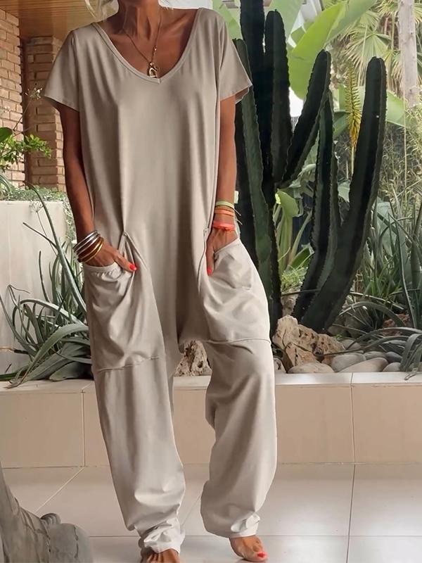 Casual V-neck Solid Color Jumpsuit apricot