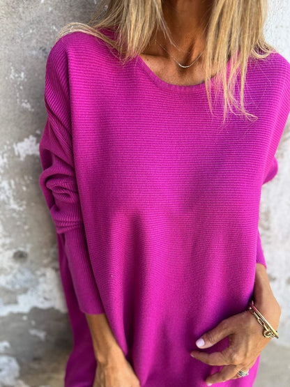 Round Neck Long Sleeve Knitted Top purple