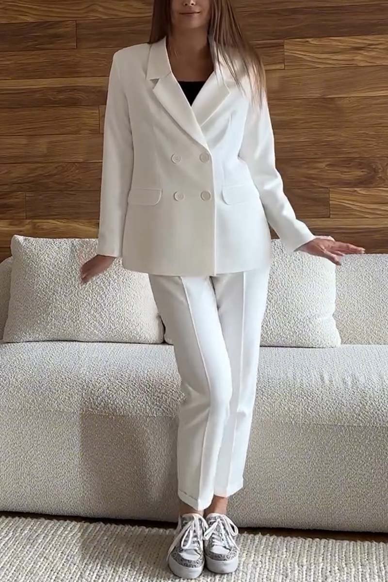 Women's fashionable double-breasted solid color suit two-piece set White