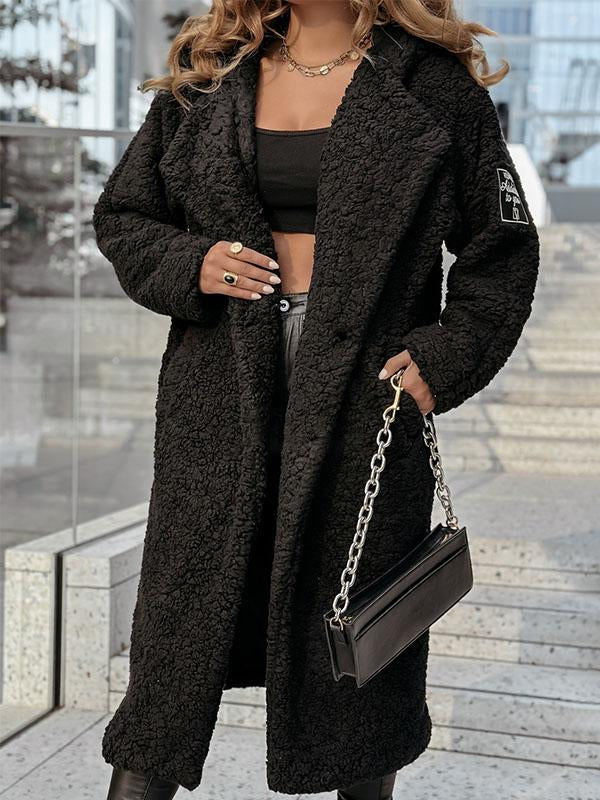 Women's Solid Color Plush Hooded Long Coat