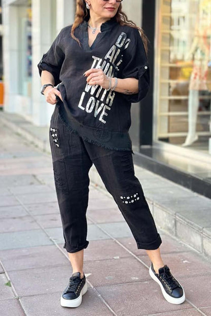 Women's casual letter printed cotton and linen top + pants set Black