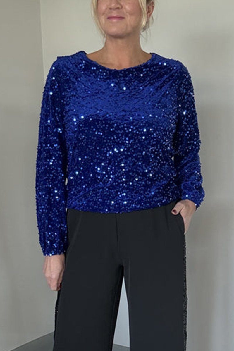 Women's Round Neck Long Sleeve Sequined Party Top blue