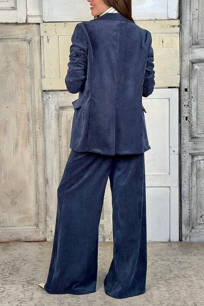 Women's Casual Lapel Corduroy Two-piece Suit navy blue