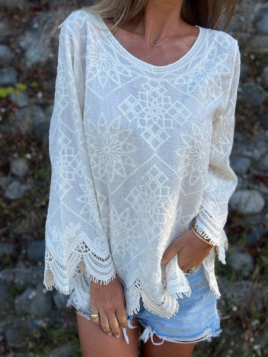 Round Neck Top with Hollow Carved Design off-white