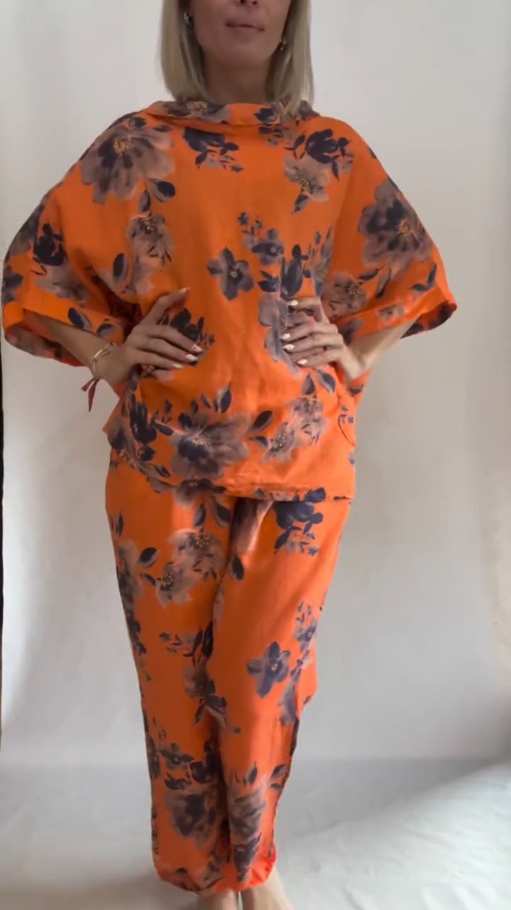 Women's Casual Round-neck Printed Cotton and Linen Two-piece Suit orange