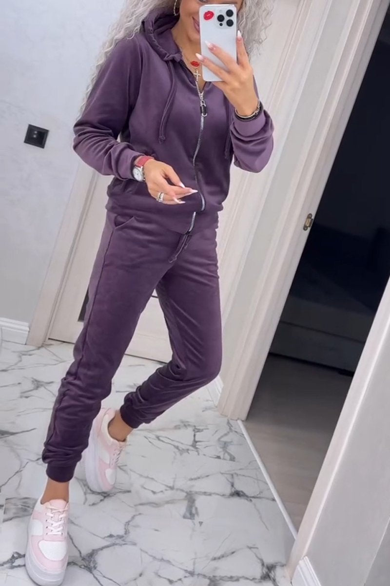 Women's Casual Hooded Velvet Two-piece Suit purple