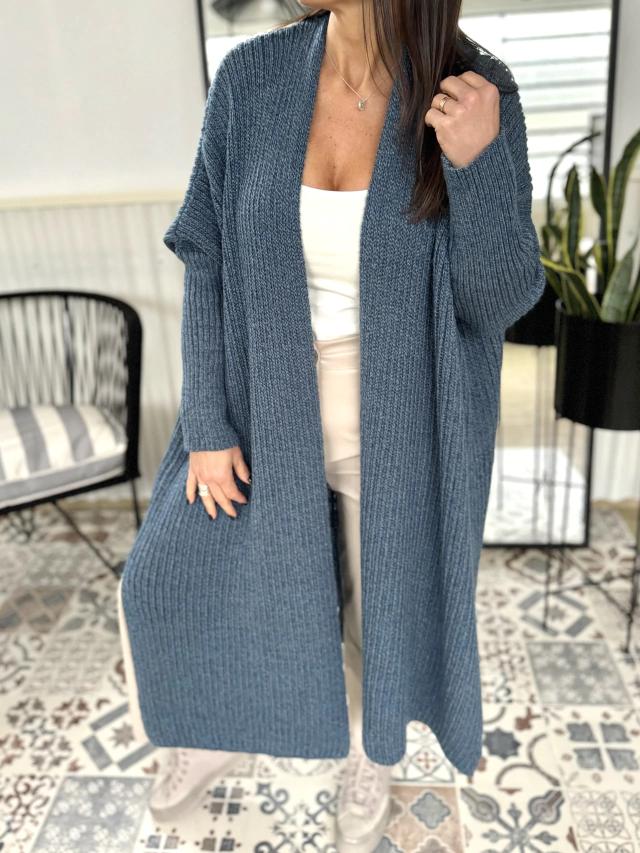 Women's V-neck Solid Color Ribbed Knitted Cardigan blue