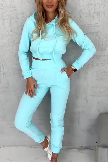 Women's Casual Hooded Long-sleeved Two-piece Suit azure blue