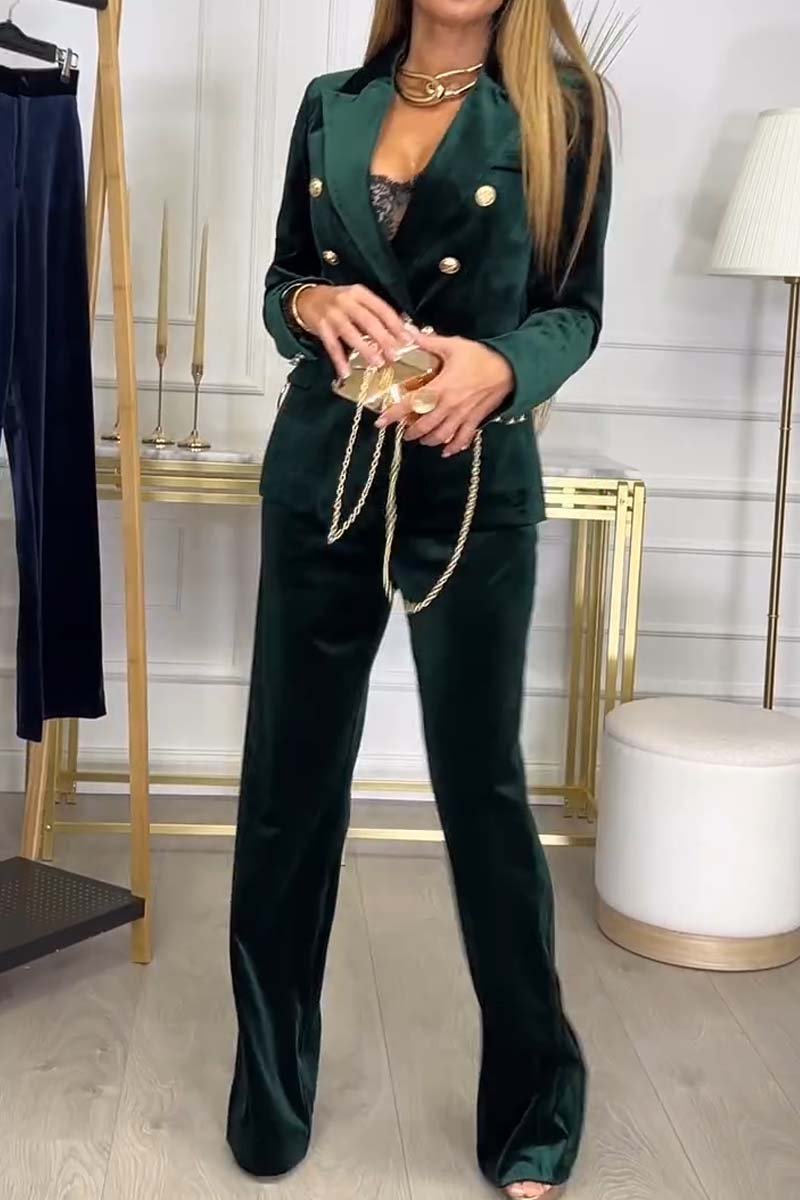 Women's Fashion Double Breasted Velvet Two Piece Suit Dark Green