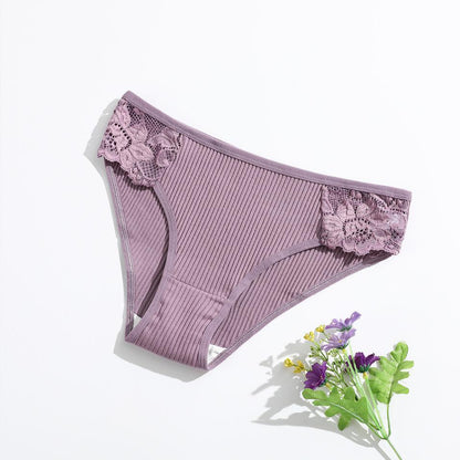 Women's Threaded Solid Color Low-rise Lace Breathable Double-stop Briefs purple