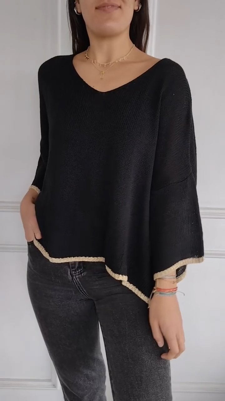 Women's V-neck Knitted Mid-length Sleeve Casual Top black