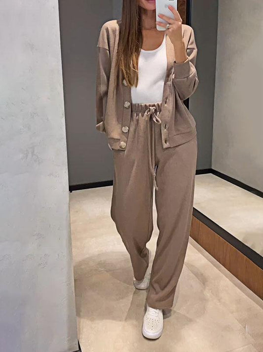 Women's Knitted Buttoned Jacket and Pants Two-piece Set Coffee