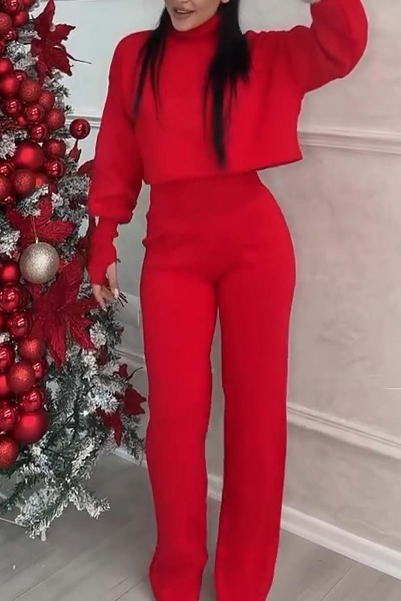 Women's Solid Color Turtleneck Cropped Top and Pants Sweater Set Red