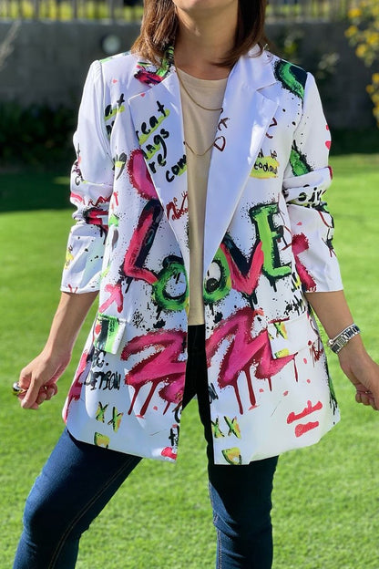 Women's Spring-fall Letter-print Blazer with Lapel