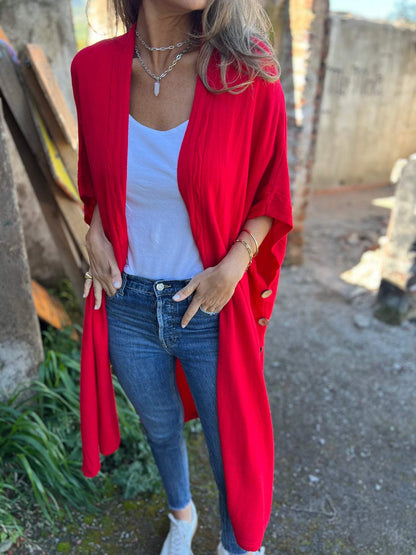 Women's Button-down Slit Mid-sleeve Casual Cardigan red