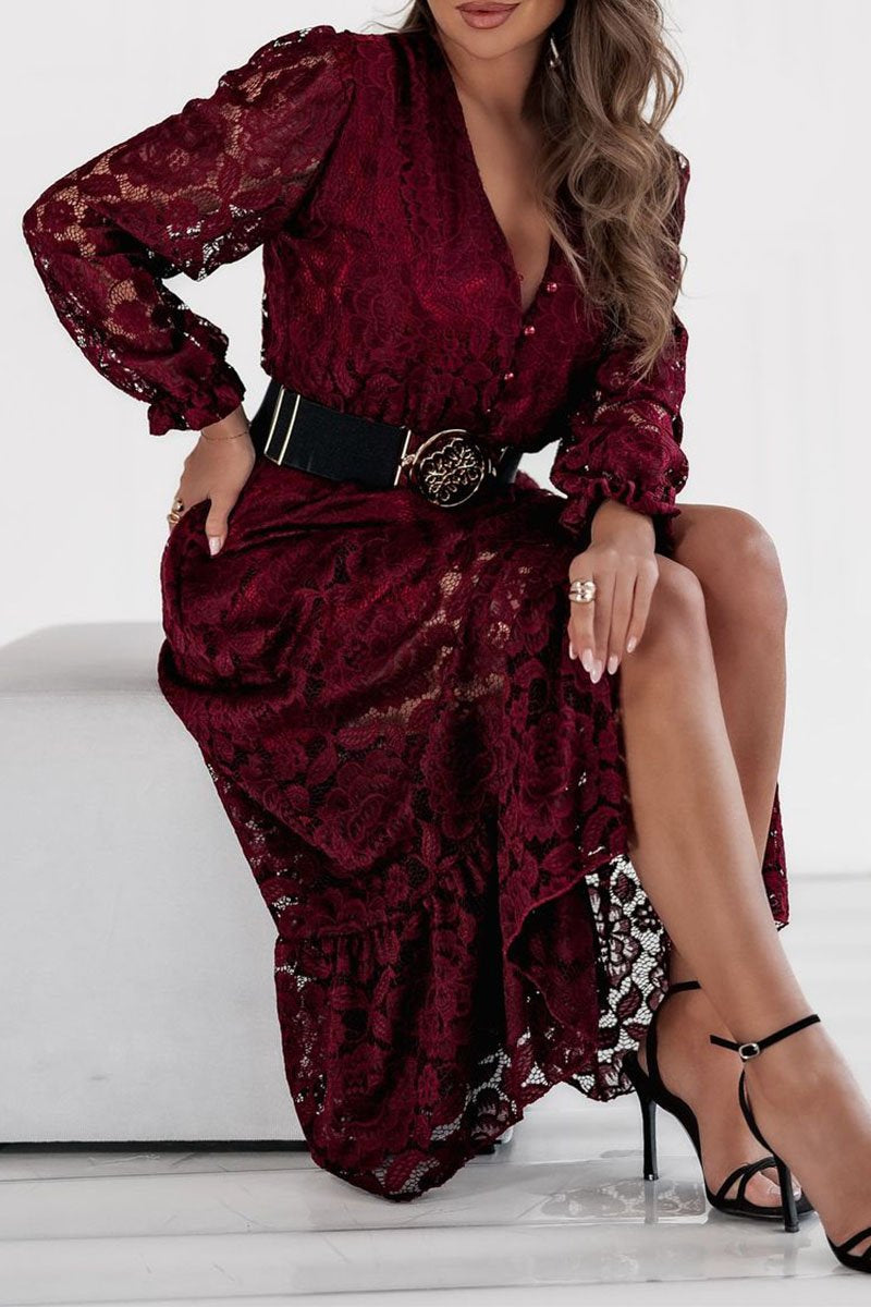 Women's V-neck Hollow Lace Dress dark-red