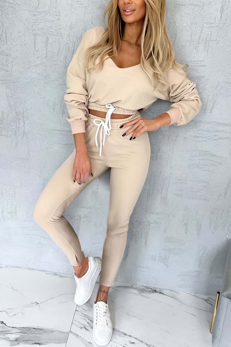 Women's Casual Drawstring Cropped Sweatshirt Set Khaki