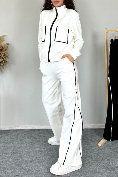 Women's Color Contrast Lapel Long Sleeve Zipper Suit white