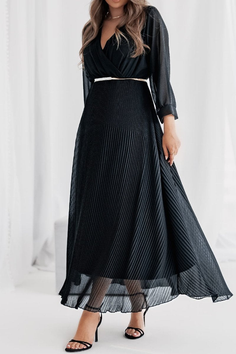 Women's Elegant V-neck Long Sleeve Chiffon Dress black