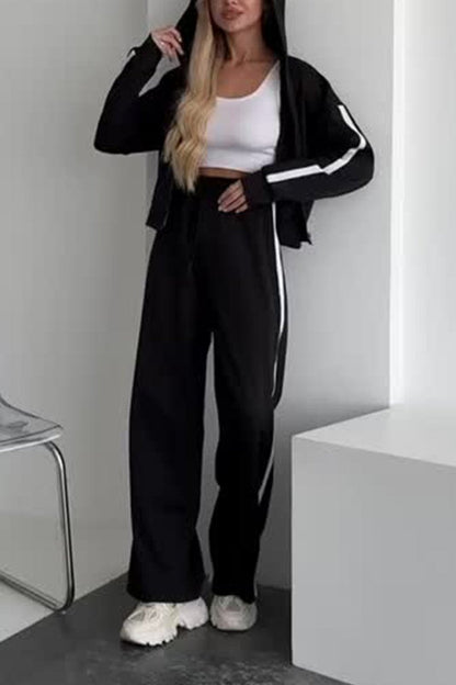 Women's Casual Hooded Sports Two-piece Suit black