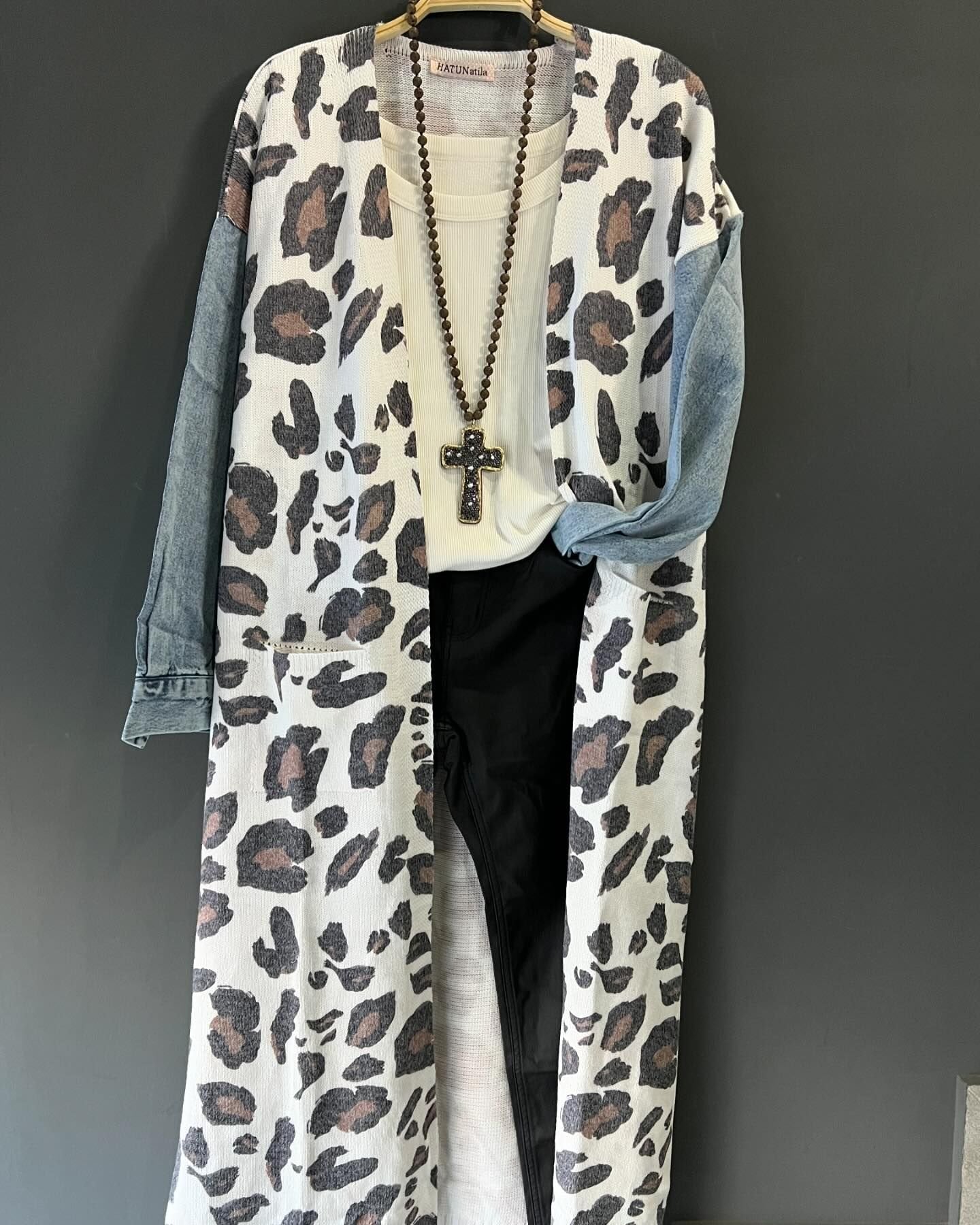 Women's Leopard Print Knitted Patchwork Long Jacket