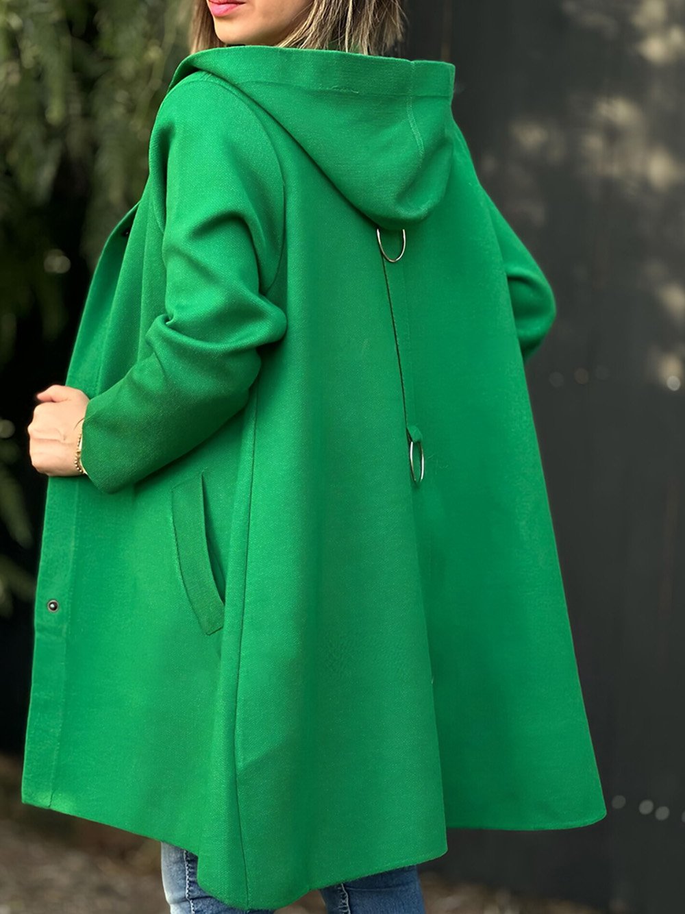 Women's Solid Color Woolen Fabric Hooded Cape Jacket Green