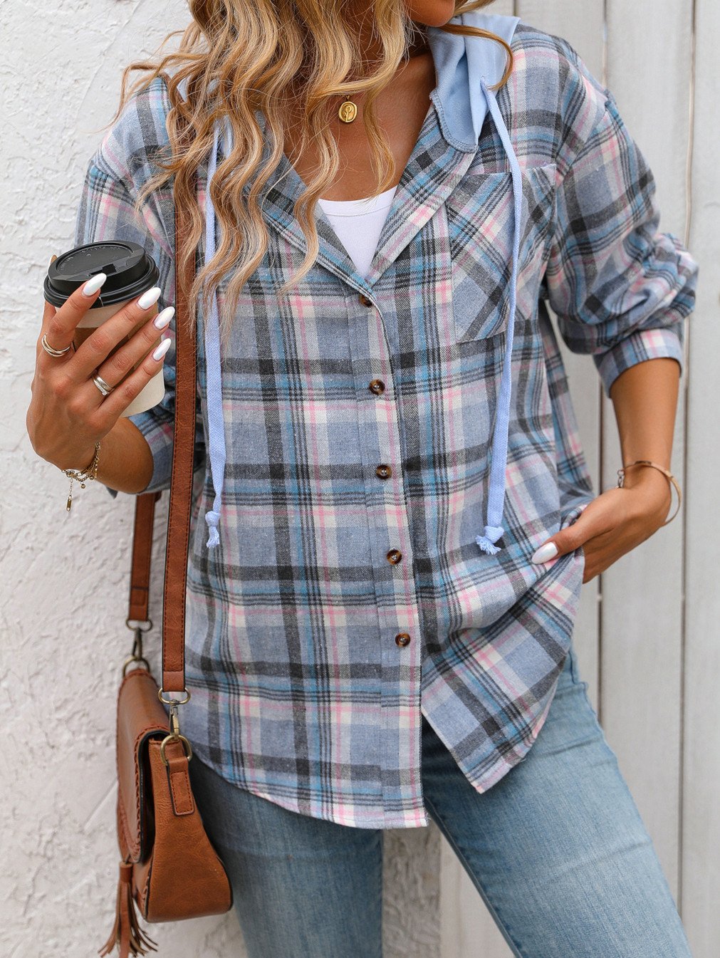 Women's Loose Plaid Casual Hooded Shirt Blue