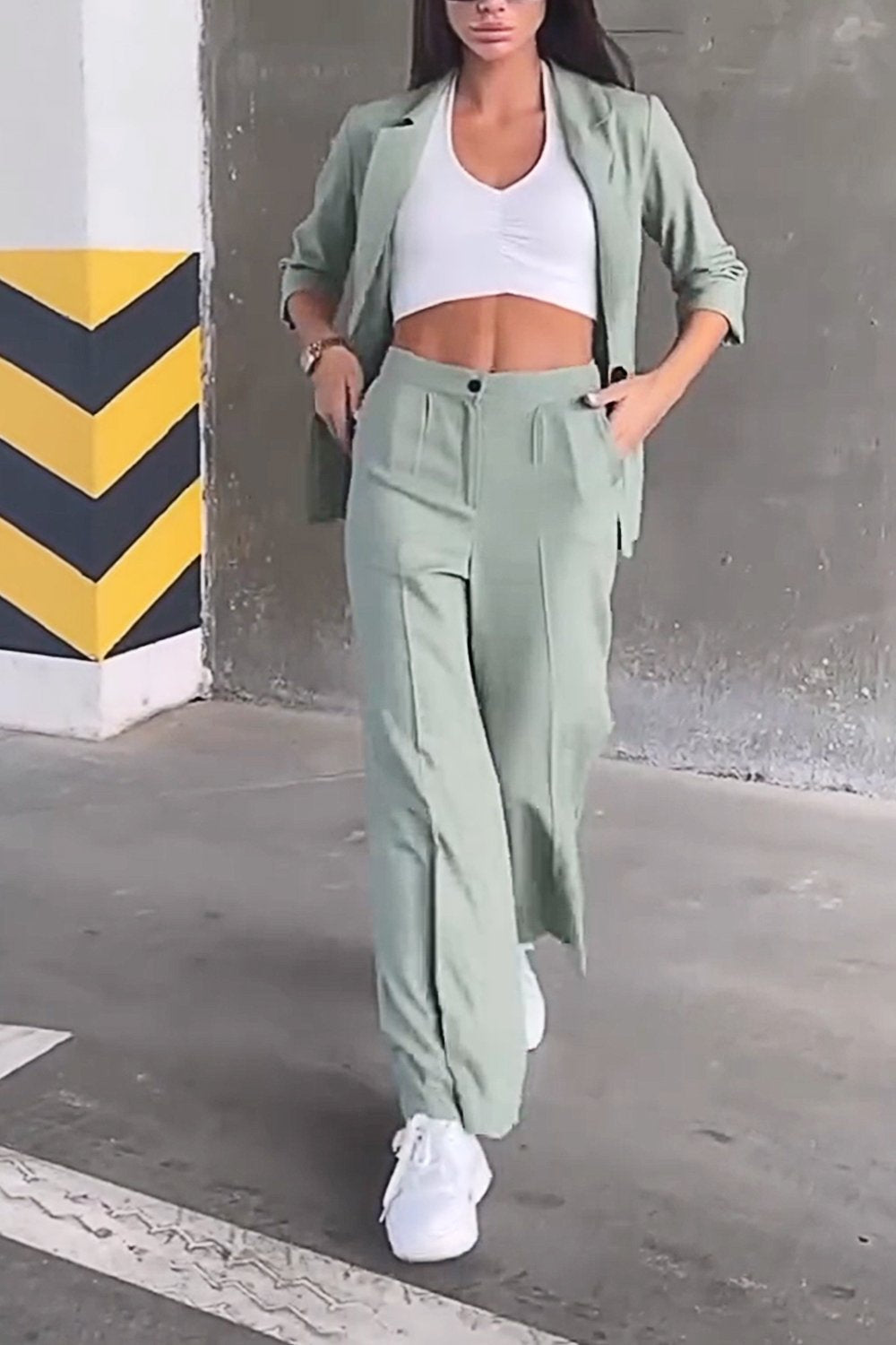 Women's Solid Color Casual Suit Top & Pants Two-piece Set Green