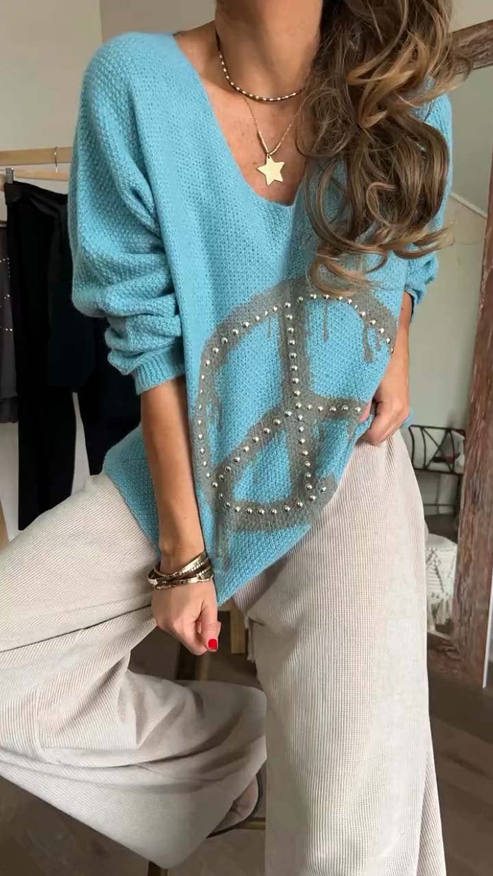 Women's Casual Print Long Sleeve Knit Sweater blue