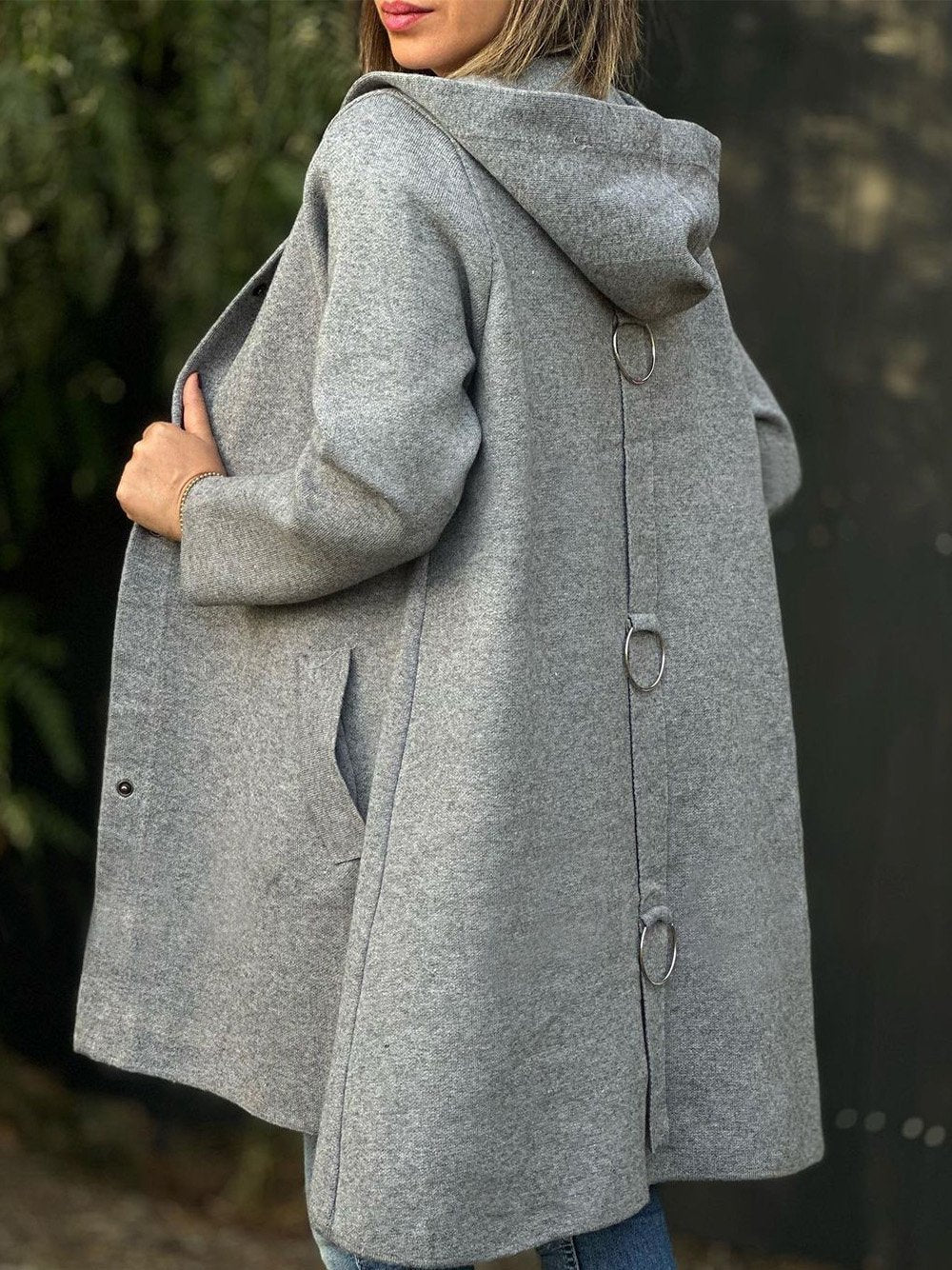 Women's Solid Color Woolen Fabric Hooded Cape Jacket Gray