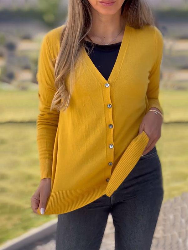 Women's Solid Color Buttoned V-neck Sweater Top