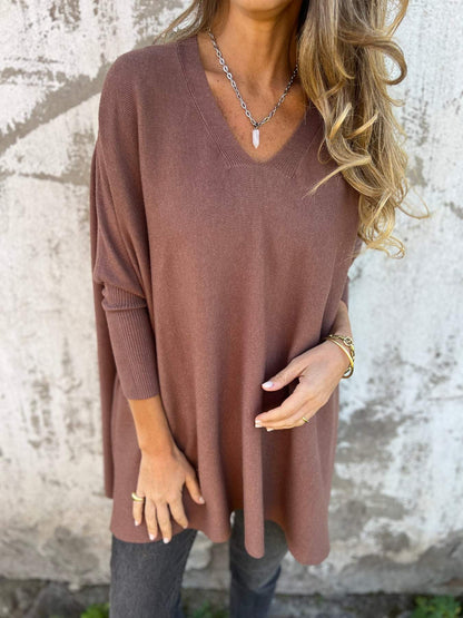 Women's V-neck Long-sleeved Knitted Casual Top brown