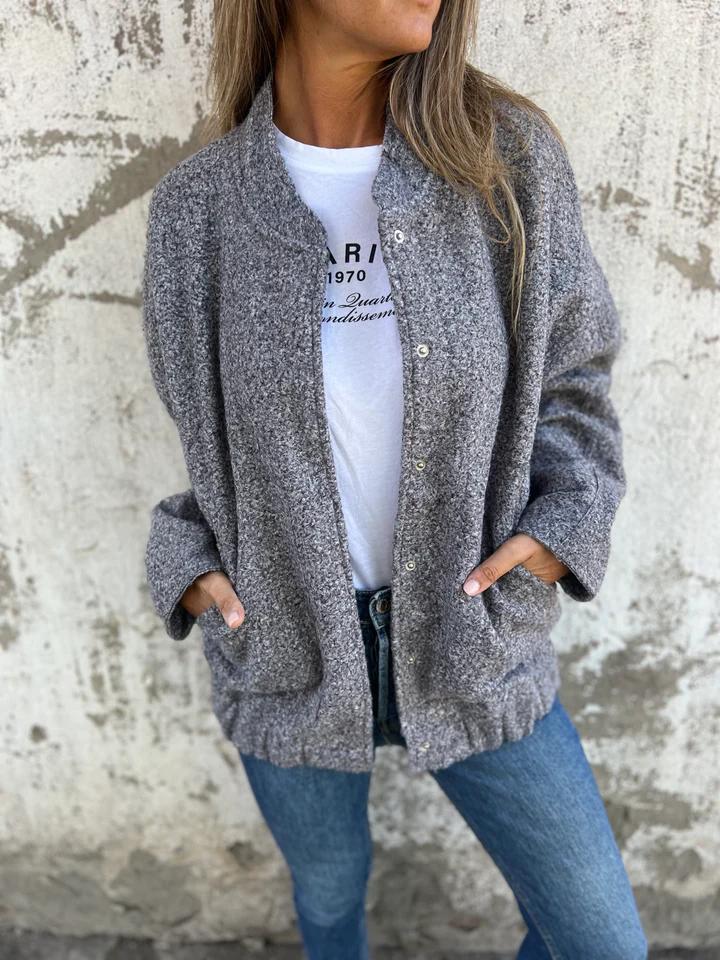 Casual Round Neck Single Breasted Jacket Gray