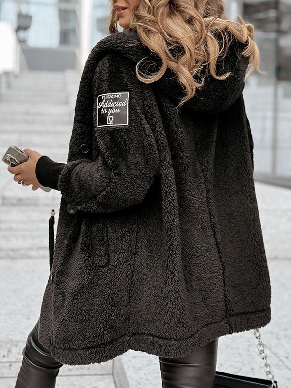 Women's Solid Color Hooded Plush Coat