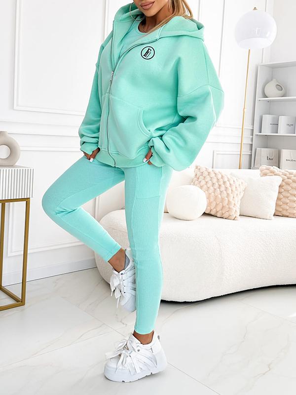 Sports Zipper Hooded Sweatshirt Three-piece Suit cyan