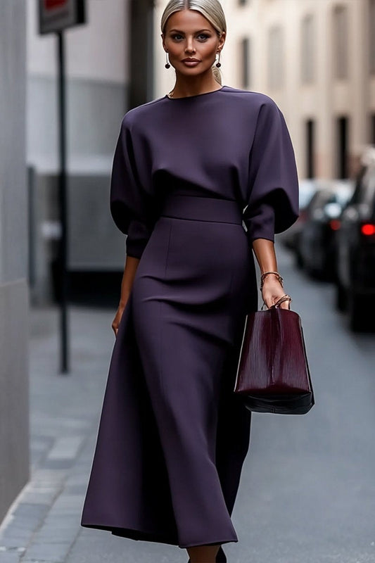 Women's Round Neck Mid-length Sleeve Elegant Commuter Dress purple