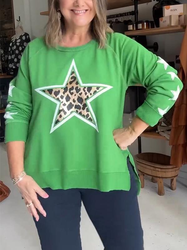 Women's Round Neck Five-pointed Star Print Pullover Top