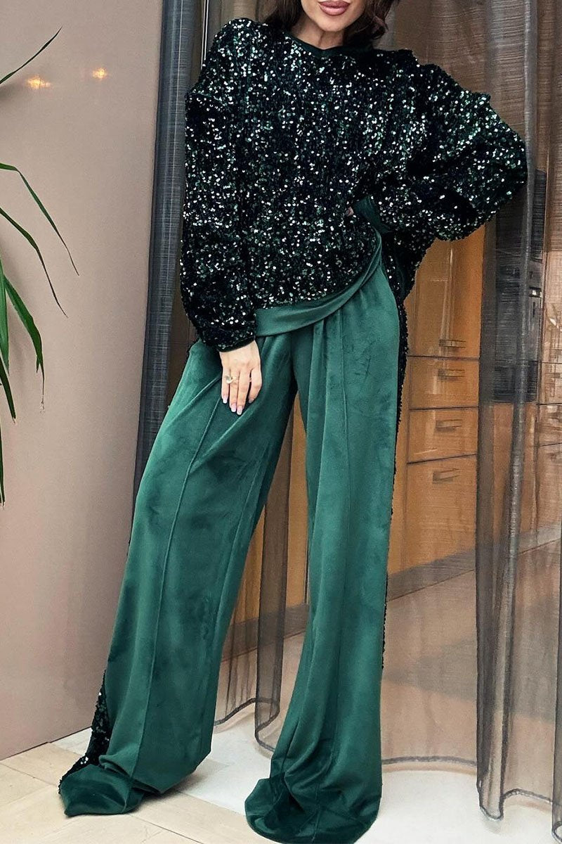 Women's Round Neck Sequined Top and Trousers Set green