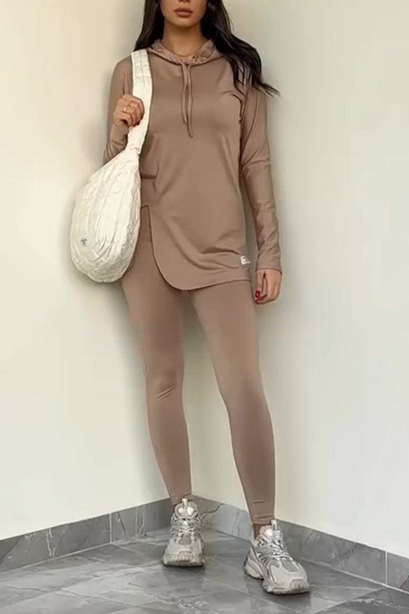 Women's Casual Hooded Solid Color Sports Two-piece Suit apricot