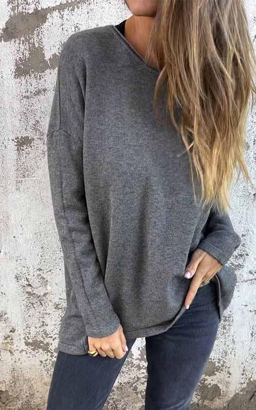 Women's Round Neck Solid Color Long Sleeved Top dark gray