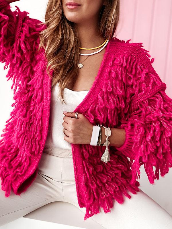 Women's Tassel Short Cardigan rose-red