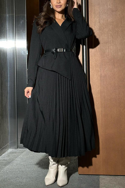 Women's Casual Lapel Pleated Dress black