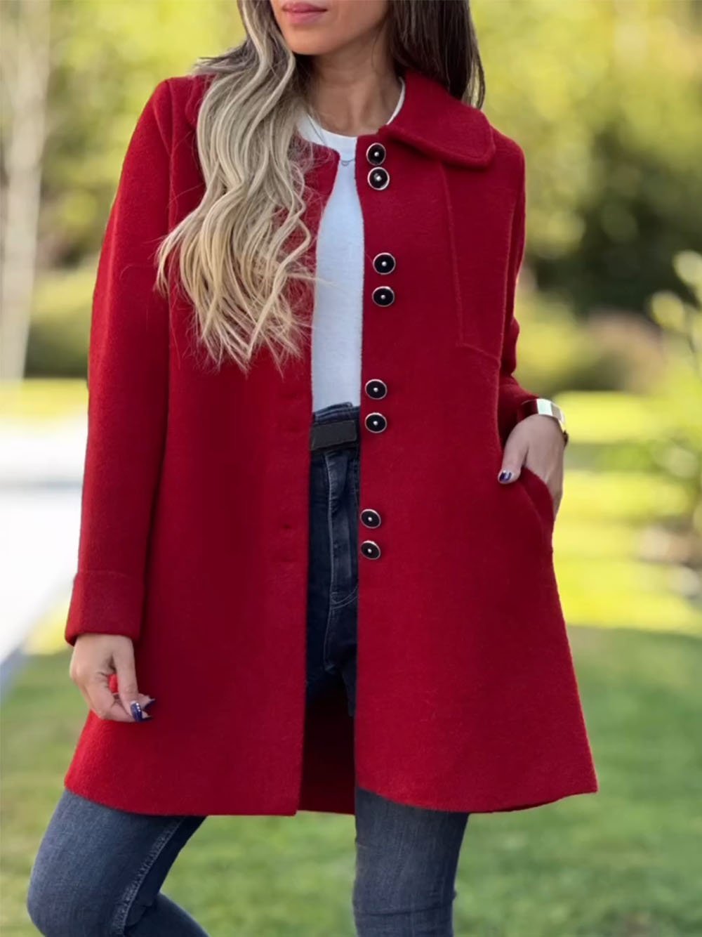 Women's Solid Color Lapel Woolen Jacket Red