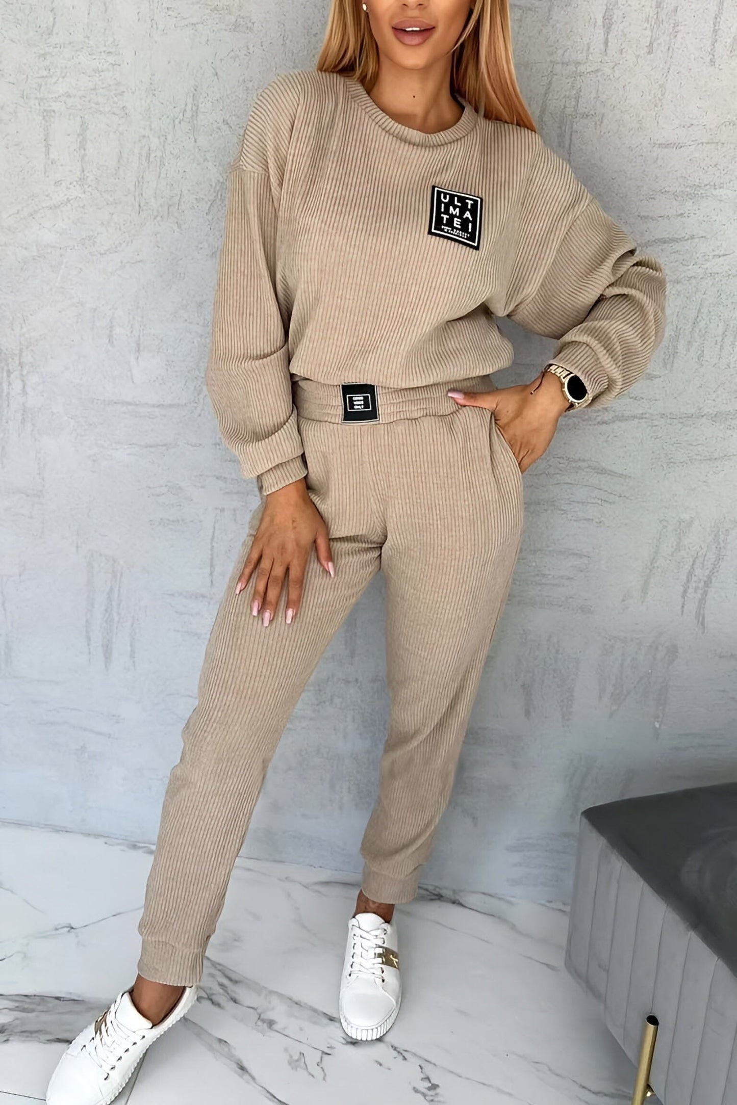 Women's casual solid color pit strip suit Khaki