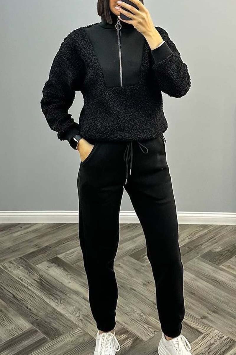 Women's casual sports stand collar sweatshirt suit Black