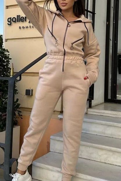 Solid Color Zipper Long Sleeve Jumpsuit