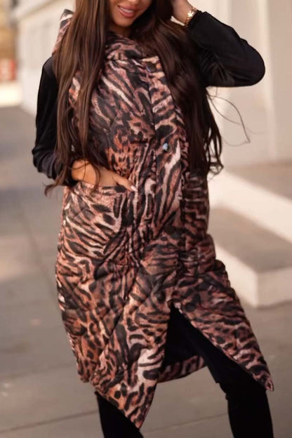 Women's Fashion Hooded Animal Print Mid-Length Sleeveless Cotton Coat Leopard Print