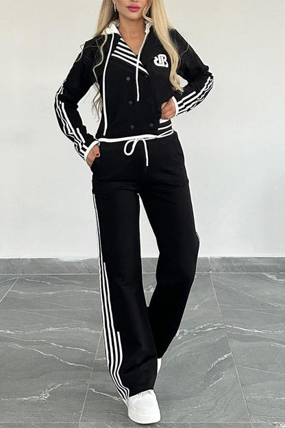 Women's Contrast Web Hooded Pants Suit Black